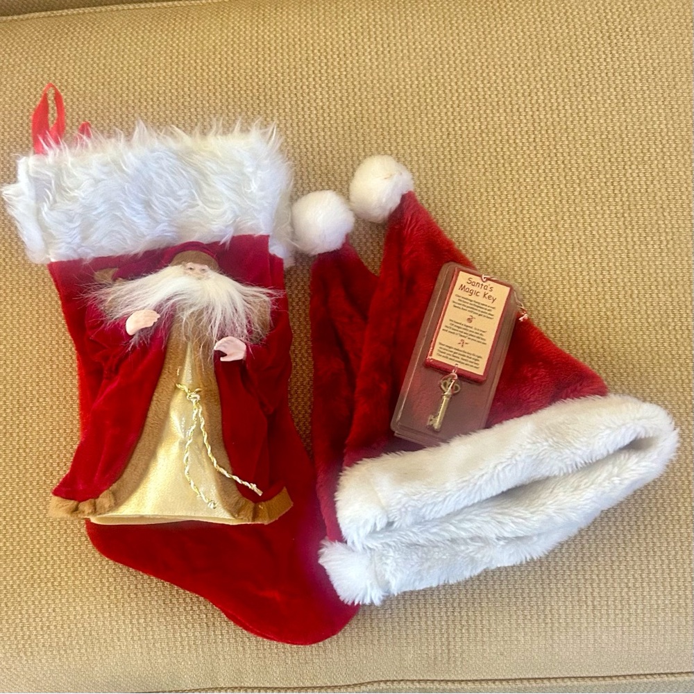 Lot of 4 Christmas Stockings, 2 Hats, Santa Tree topper & Santa’s Magic Key